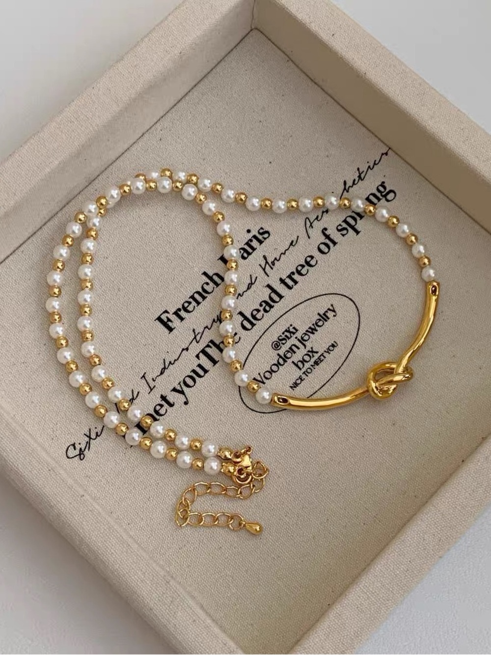 Gold Pearl Beaded Necklace with Knot Accent - Women Jewelry